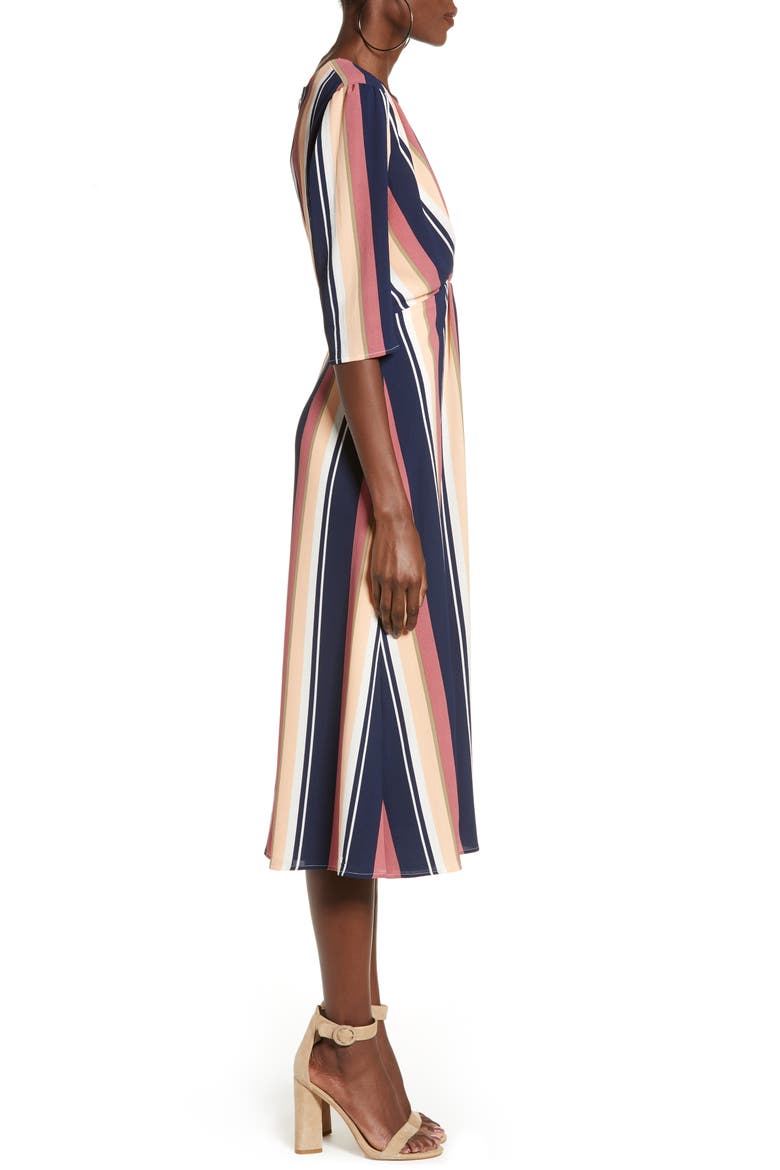 Deep V-Neck Stripe Midi Dress, Alternate, color, NAVY PEACOAT BOLD STRIPE