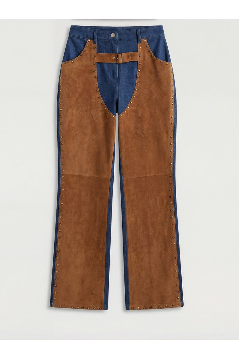Denim Studded Suedette Mix Chap Jean, Alternate, color, Indigo