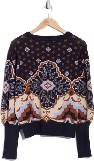 Puff Sleeve Floral Jacquard Sweater