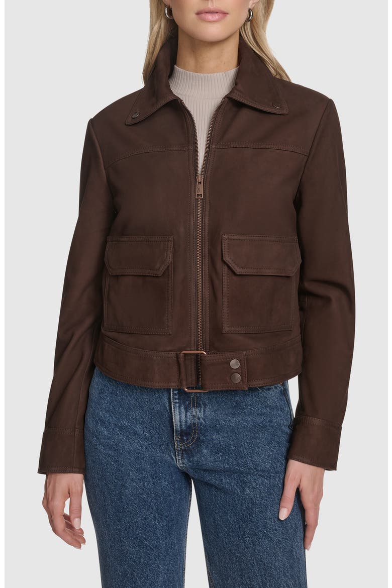 Luneta Suede Trucker Jacket, Main, color, CHOCOLATE
