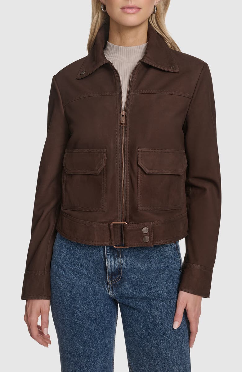 Andrew Marc Luneta Suede Trucker Jacket, Main, color, Chocolate