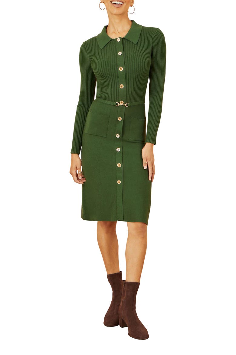 Belted Rib Knit Midi Dress With Pockets, Alternate, color, Green