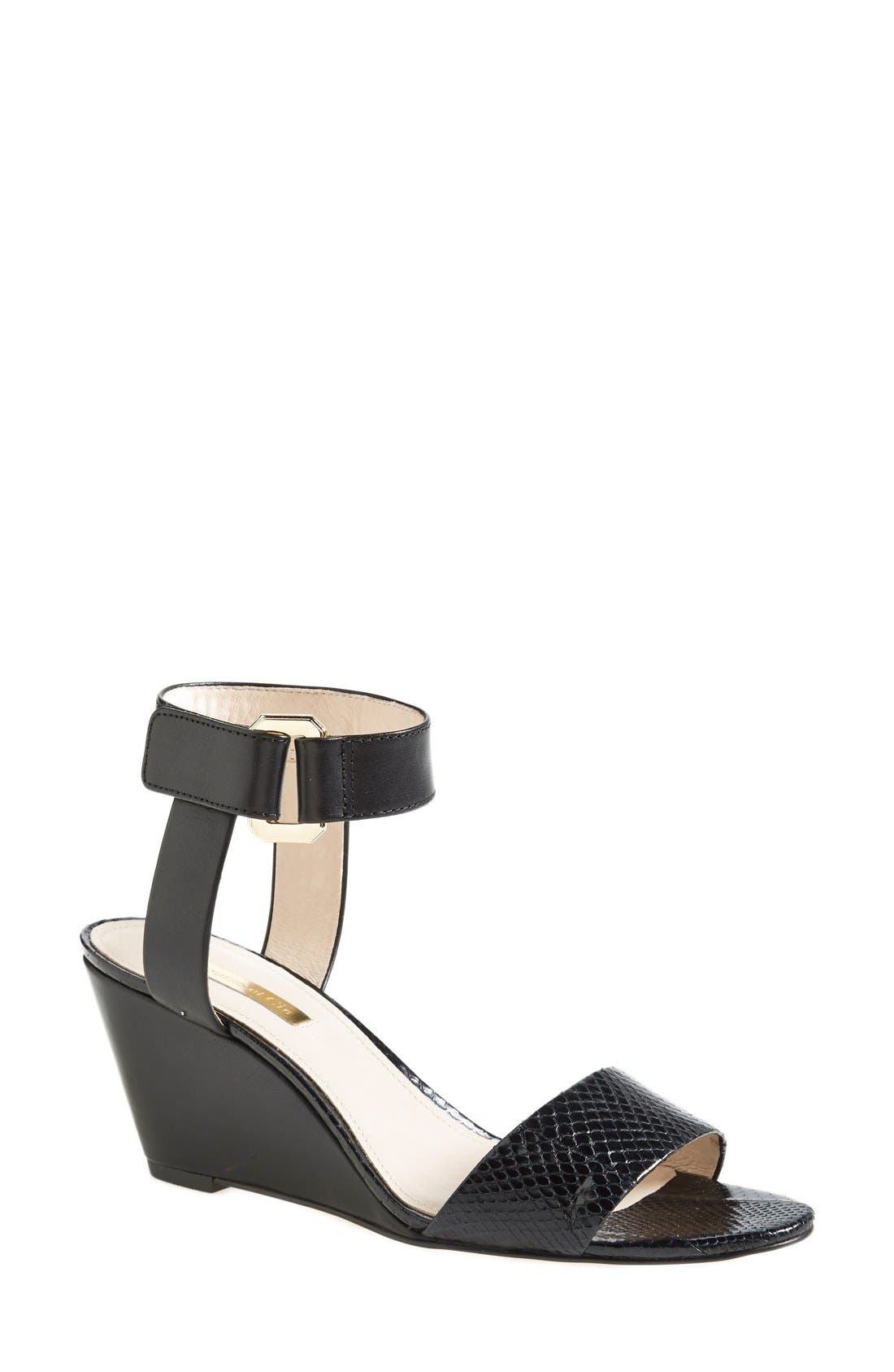 'Phiona' Leather Ankle Strap Wedge Sandal, Main, color, BLACK