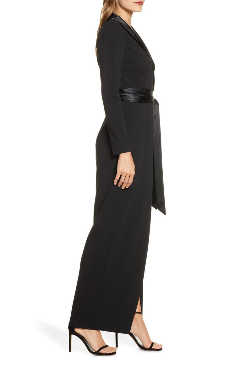 Tuxedo Faux Wrap Long Sleeve Gown, Alternate, color, BLACK