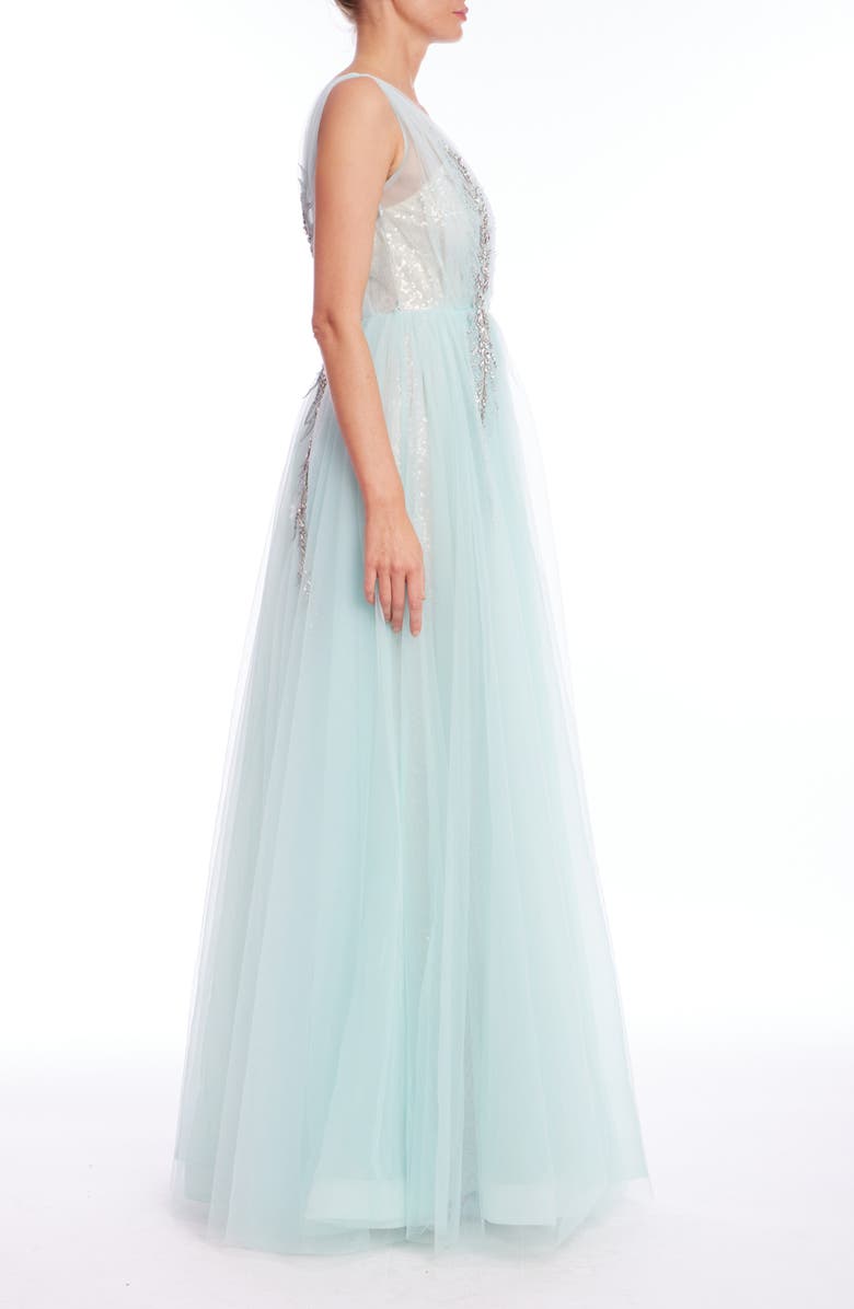 Badgley Mischka Collection Bead Detail Tulle Ballgown, Alternate, color, Hydra Blue