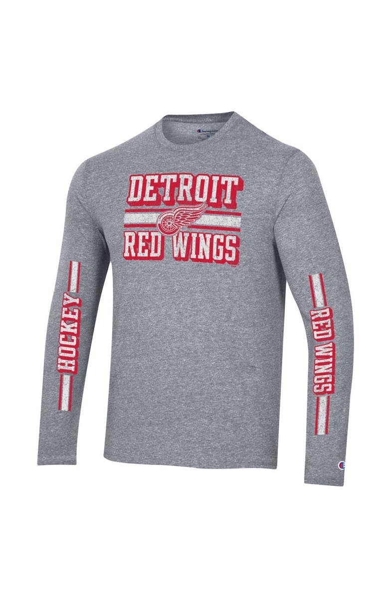 Champion Men's Champion Heather Gray Detroit Red Wings Tri-Blend Dual-Stripe Long Sleeve T-Shirt, Alternate, color, Heather Gray