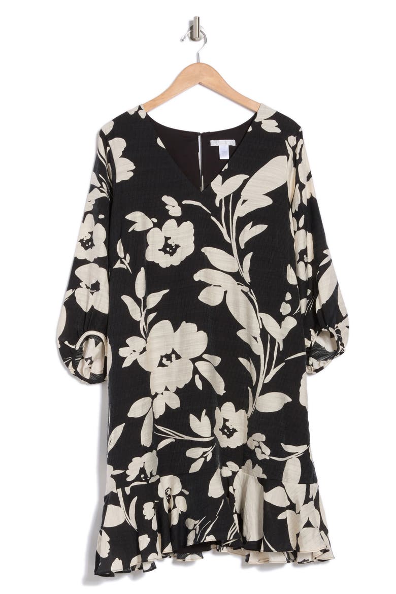 Floral Short Sleeve Flounce Hem Shift Dress, Alternate, color, BLACK IVORY