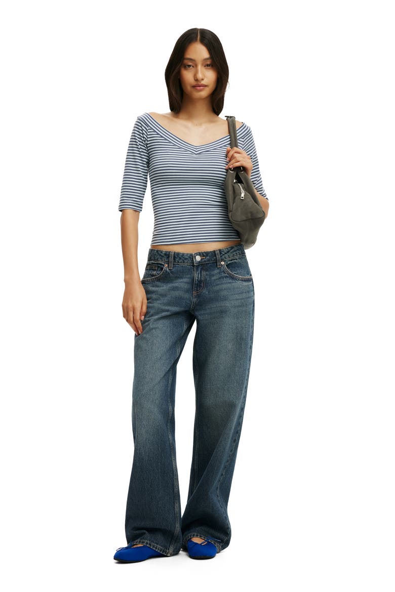 Women's Bella Off Shoulder V Neck 3/4 Tee, Alternate, color, Madi Stripe Collegiate Navy