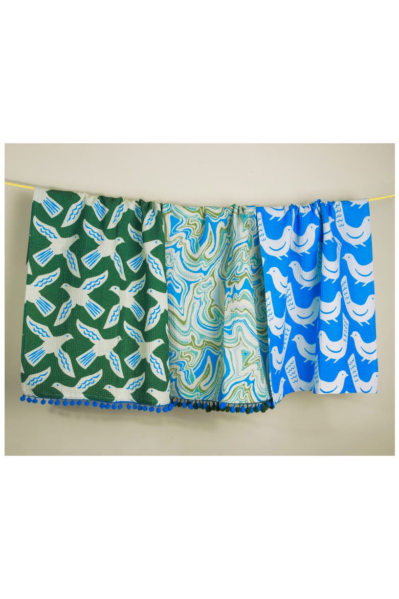Set of Three Artisan Bird & Marble Kitchen Towels, Alternate, color, FOREST GREEN/ ROYAL BLUE
