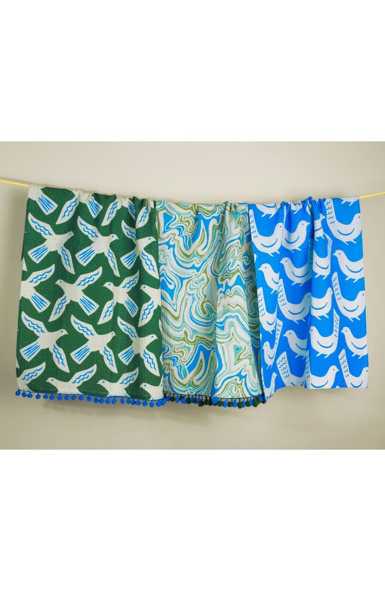 Tiramisu Set of Three Artisan Bird & Marble Kitchen Towels, Alternate, color, Forest Green/ Royal Blue