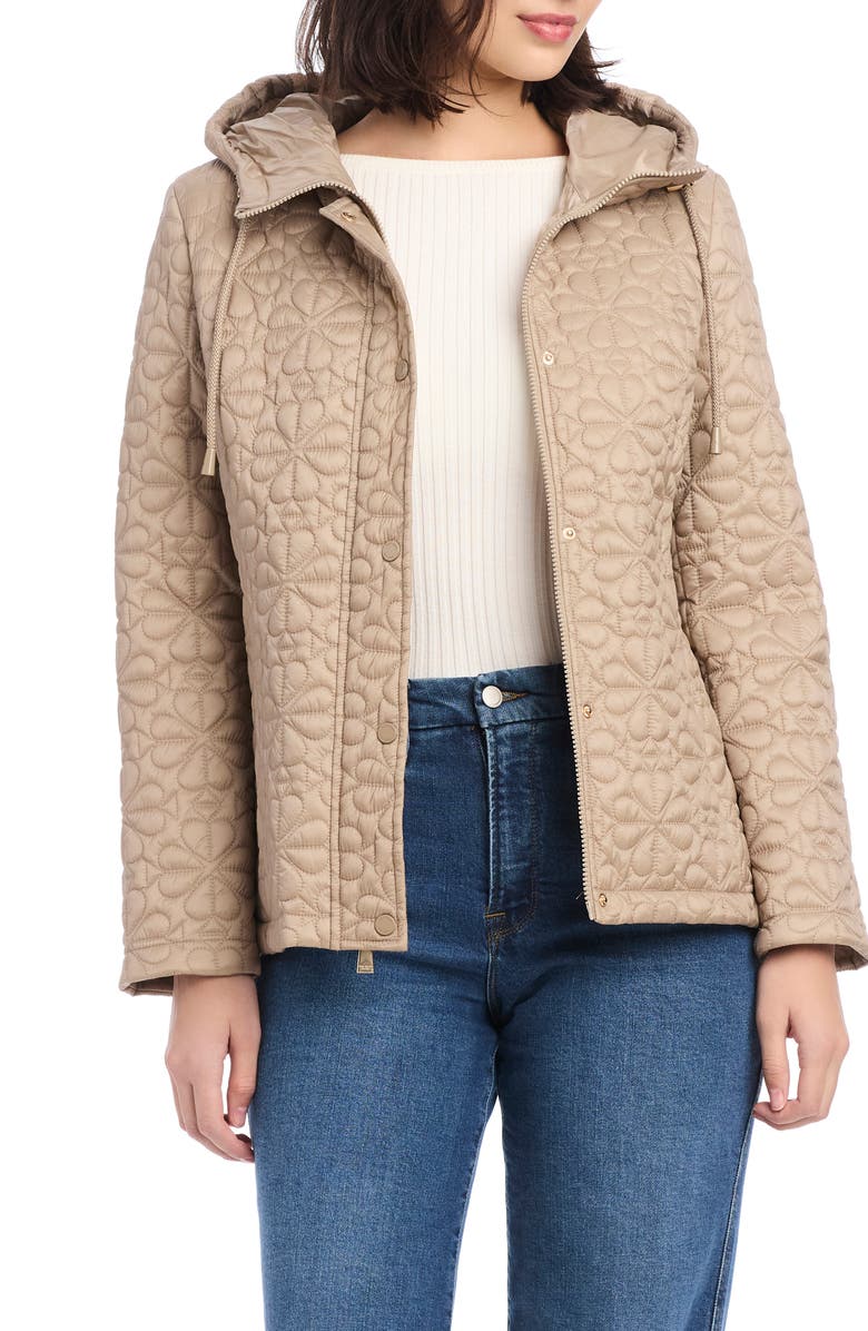 Kate Spade New York water resistant hooded floral quilted short jacket, Alternate, color, Timeless Taupe