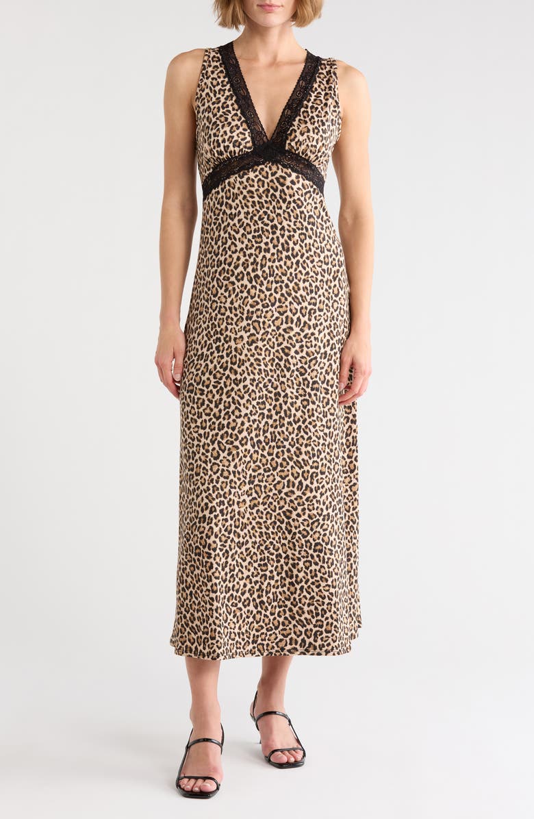 Loveappella Lace V-Neck Maxi Dress, Main, color, Tan Multi