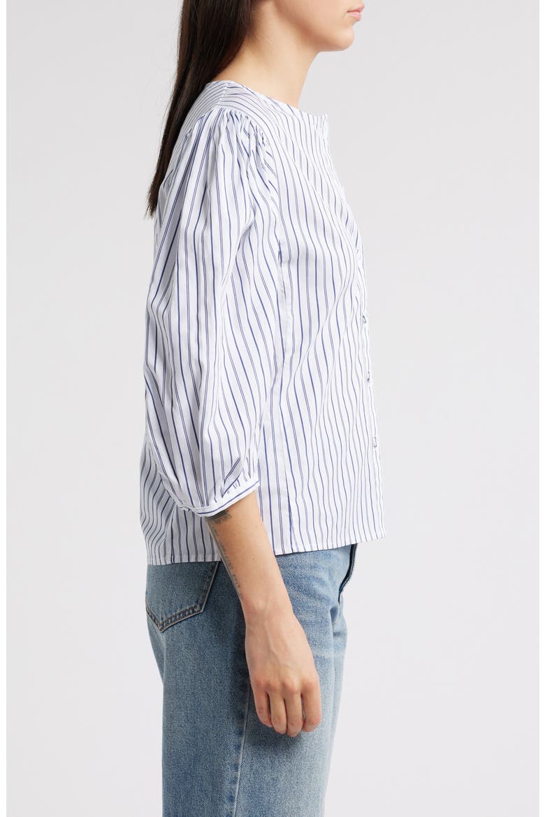 Puff-Sleeve Button-Up Top in Stripe, Alternate, color, DARK BLUE WHITE STRIPE