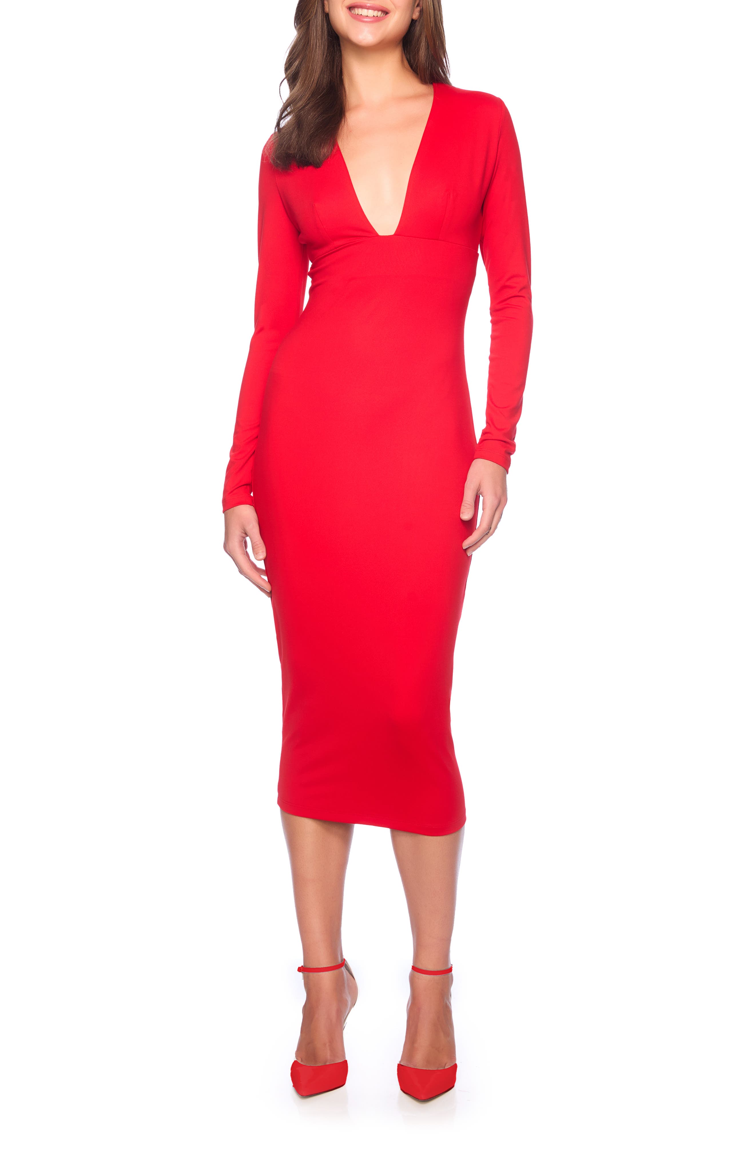 Susana Monaco Deep V-Neck Long Sleeve Dress in Perfect Red 