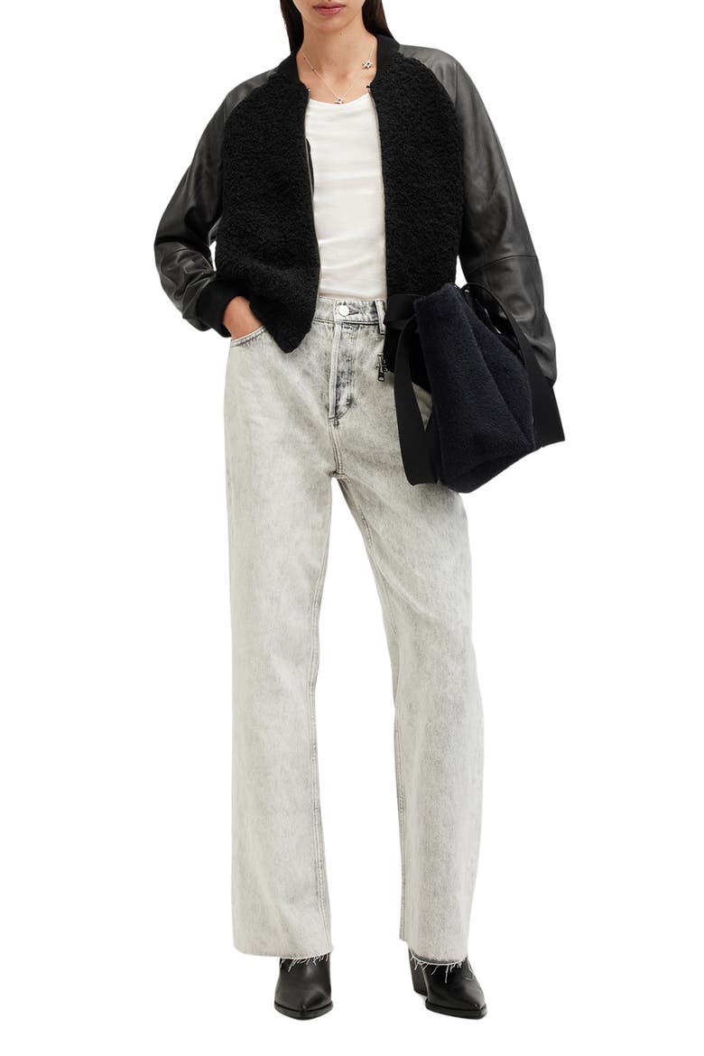 Renata Leather Sleeve Wool Blend Bomber Cardigan, Alternate, color, BLACK