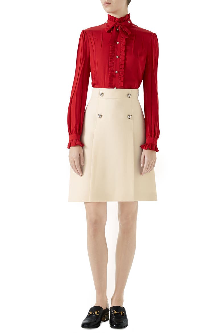 Tiger Button Wool & Silk Crepe A-Line Skirt, Alternate, color, GARDENIA