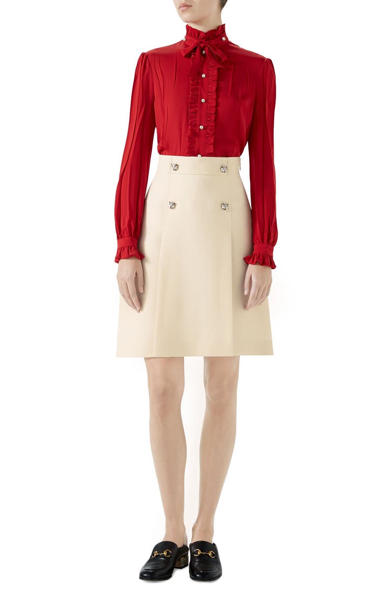 Gucci Tiger Button Wool & Silk Crepe A-Line Skirt, Alternate, color, 