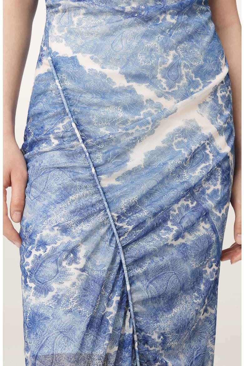 Ulla Paisley Print Ruched Asymmetric Hem Midi Dress, Alternate, color, JOANNE BLUE