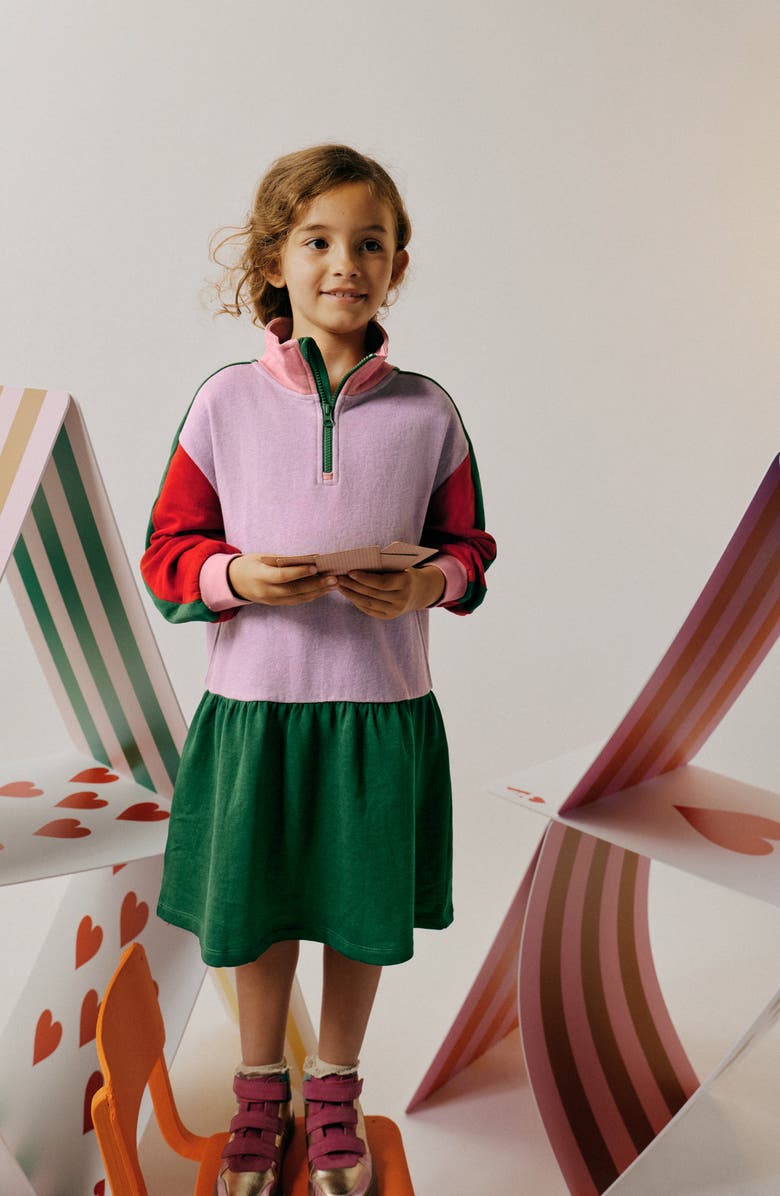 Mini Boden Kids' Colorblock Half Zip Sweatshirt Dress, Alternate, color, Colour Block Marl