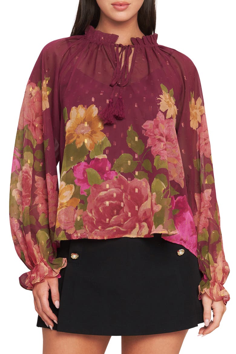 Print Tie Neck Top, Main, color, BURGUNDY