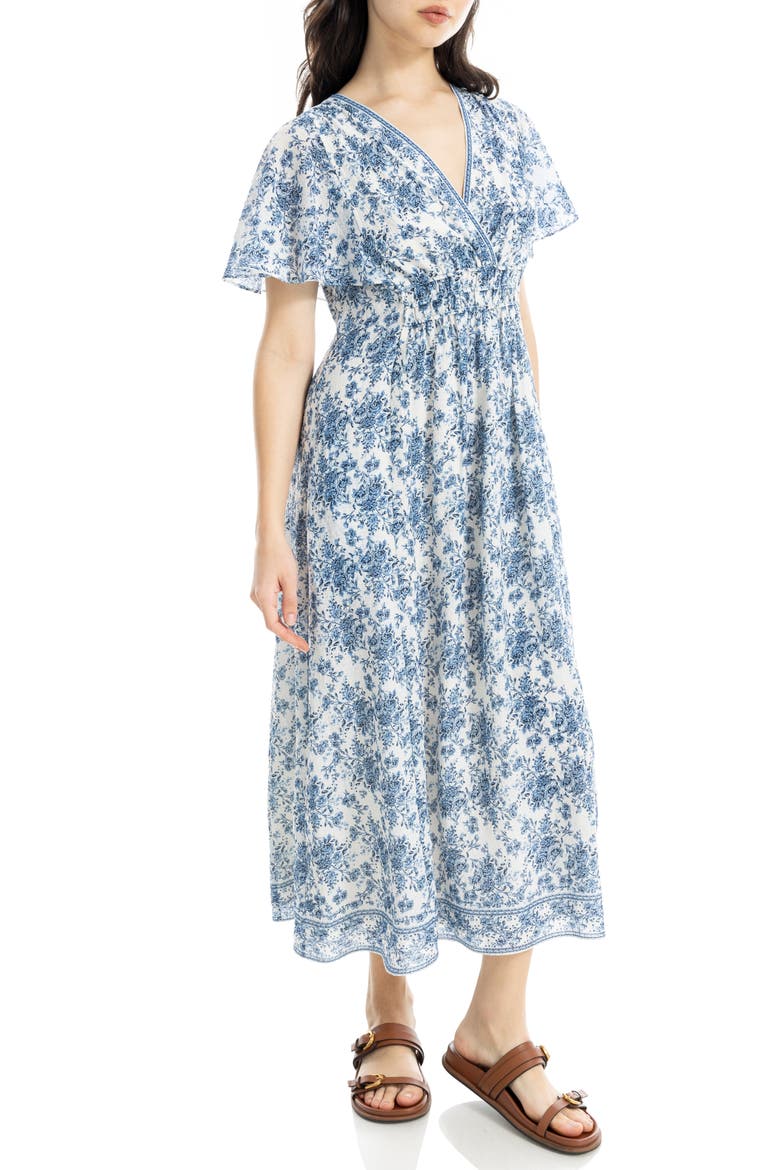 Floral Flutter Sleeve Maxi Dress, Alternate, color, CREAM/ DENIM ROSETTE