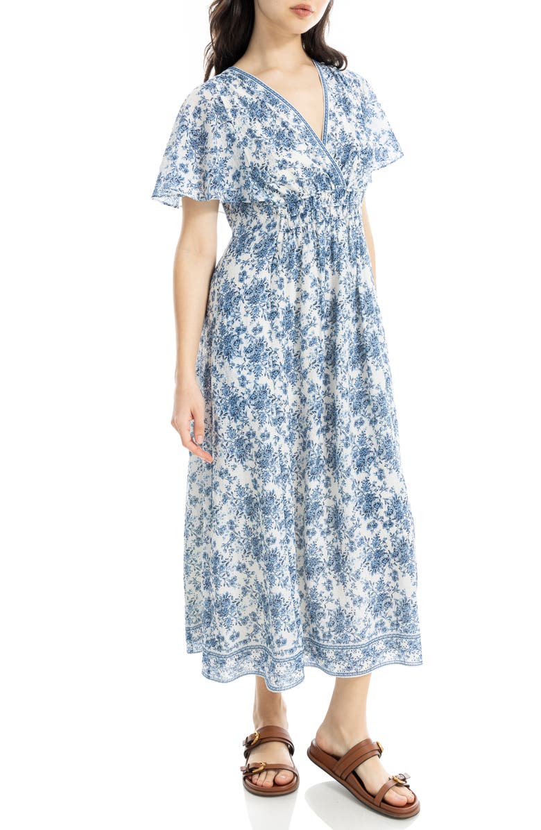 MAX STUDIO Floral Flutter Sleeve Maxi Dress, Alternate, color, Cream/ Denim Rosette