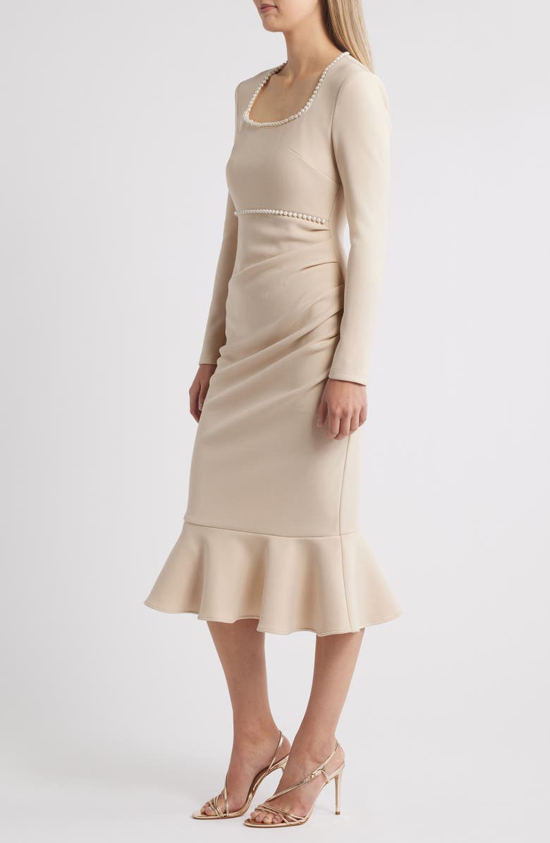 NIKKI LUND Faux Pearl Ruched Flare Hem Dress, Alternate, color, Ivory