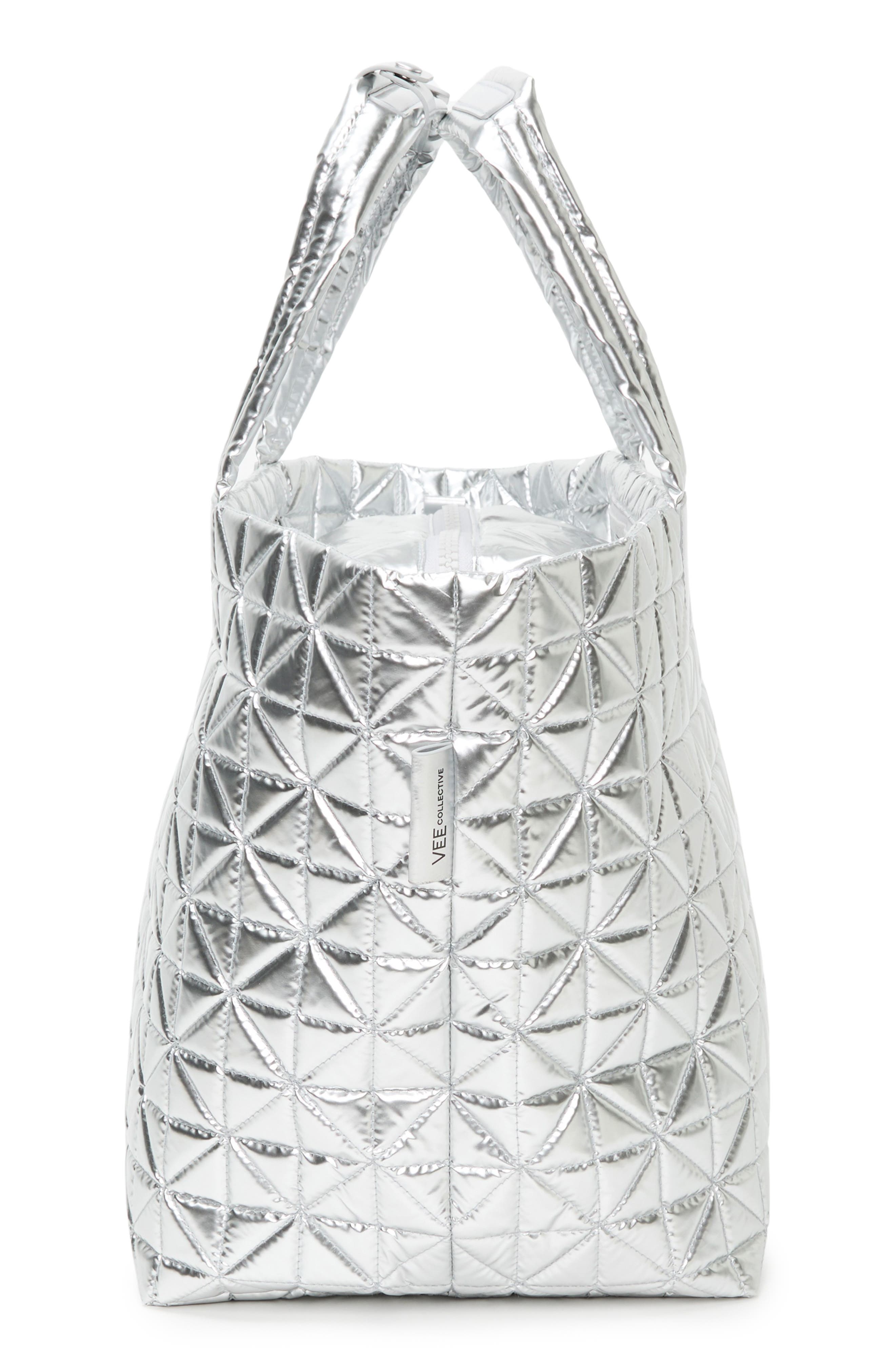 VeeCollective Vee Weekender Water Resistant Quilted Recycled Nylon Tote, Alternate, color, Chrome Metallic Chromm