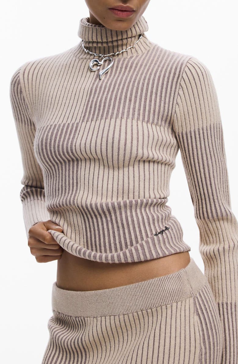 Desigual Check Rib Turtleneck Sweater, Main, color, Brown