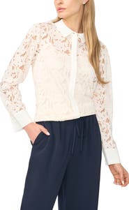 Halogen® Floral Lace Hidden Placket Shirt