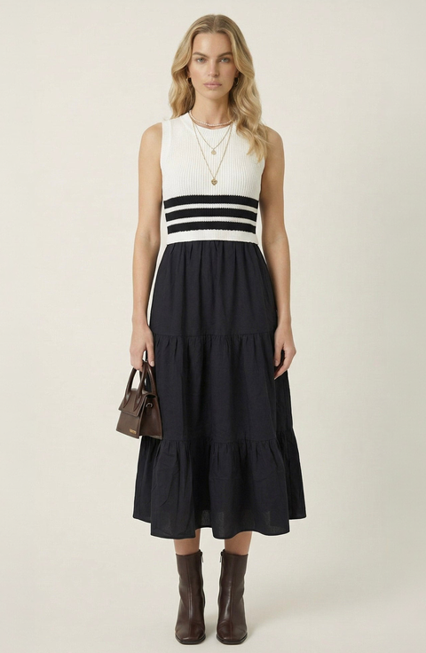 Striped Knit Tiered Midi Dress