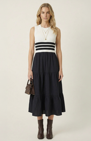 Modenaire Striped Knit Tiered Midi Dress