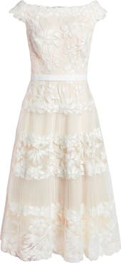 Tadashi Shoji Embroidered Off the Shoulder Midi Dress