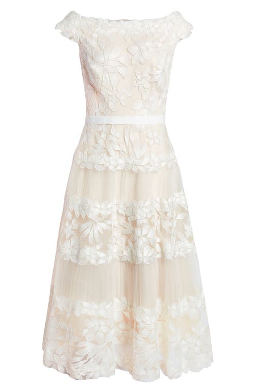 Tadashi Shoji Embroidered Off The Shoulder Midi Dress In Ivory/petal