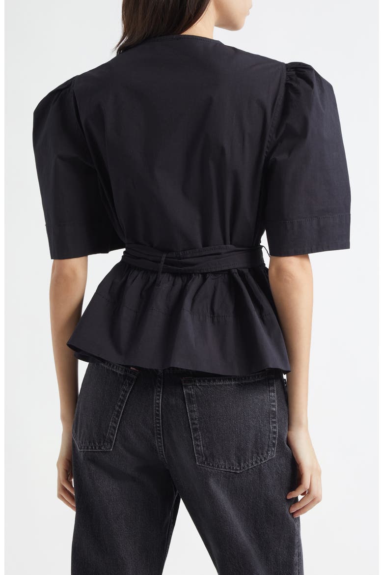Bow Front Puff Sleeve Organic Cotton Poplin Top, Alternate, color, BLACK