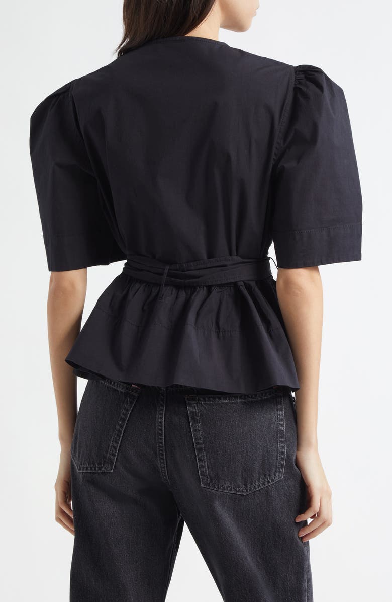 Ganni Bow Front Puff Sleeve Organic Cotton Poplin Top, Alternate, color, Black