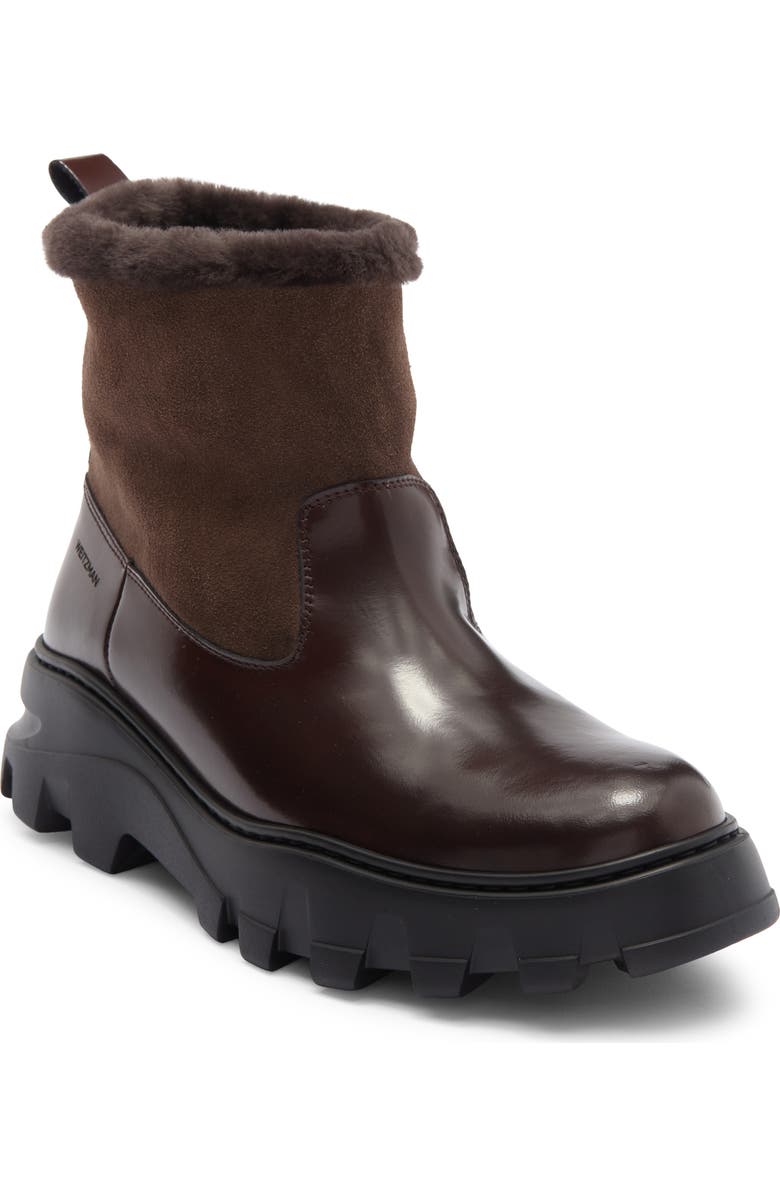 Stuart Weitzman Alton Genuine Shearling Lined Lug Sole Boot, Main, color, Brown/ Dark Brown