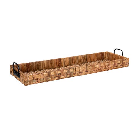 Oversized Hand-woven Rattan Tray with Metal Handles, Natural