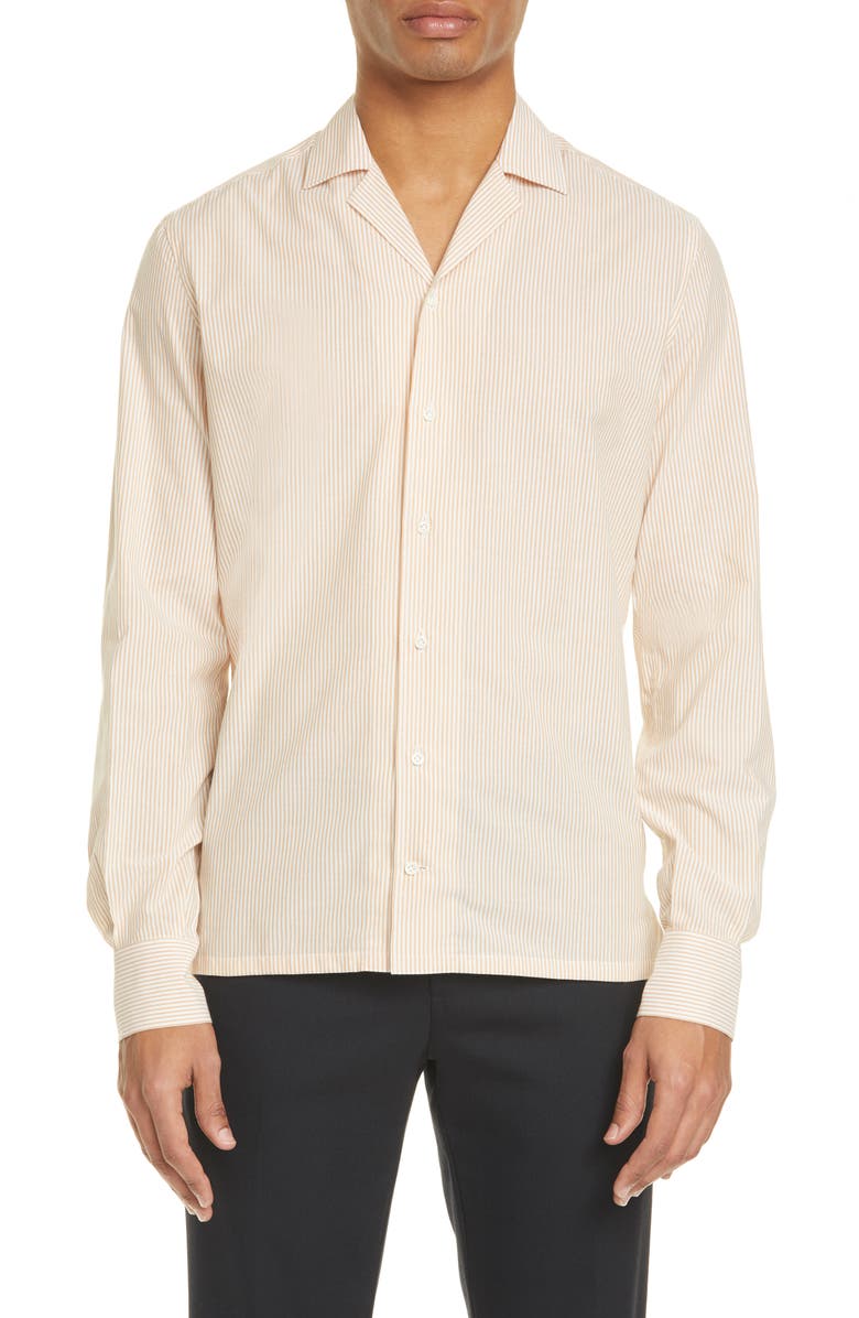 Eidos Trim Fit Pinstripe Button-Up Camp Shirt, Main, color, 