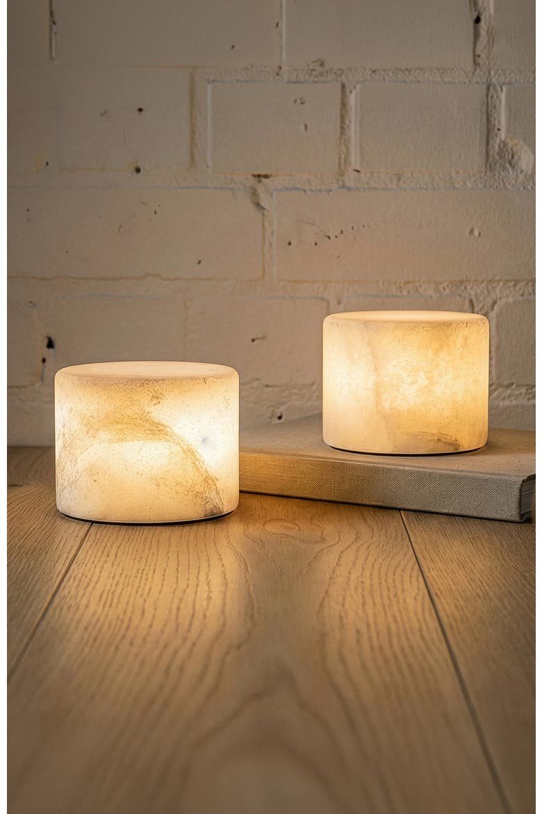 Rhea 2.4" Portable Mini LED Table Lamp Natural Alabaster Stone, Alternate, color, White
