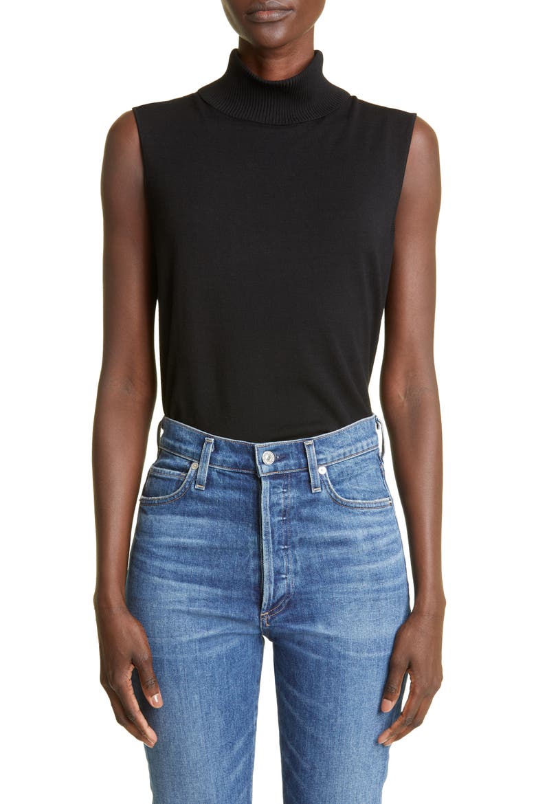 Sleeveless Turtleneck Matte Crepe Top, Main, color, BLACK