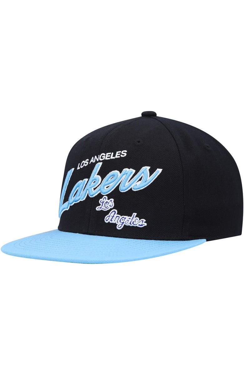 Mitchell & Ness Men's Mitchell & Ness Black/Powder Blue Los Angeles Lakers Team Script 2.0 Fitted Hat, Main, color, 