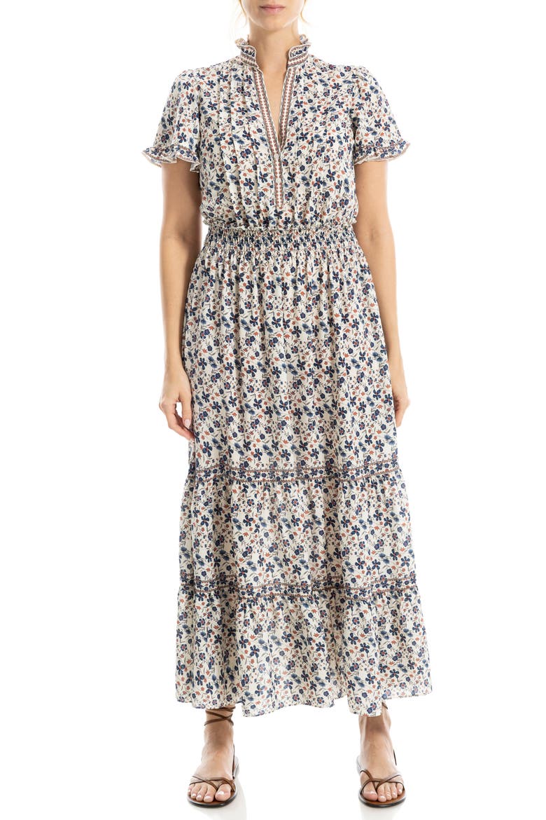 Smocked Flutter Sleeve Maxi Dress, Alternate, color, CREAMINDIGO FLORAL VINES