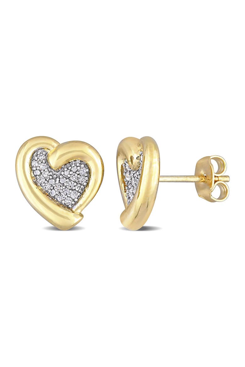 Yellow Plated Sterling Silver Pave Diamond Accent Heart Stud Earrings - 0.15 ctw, Main, color, GOLD
