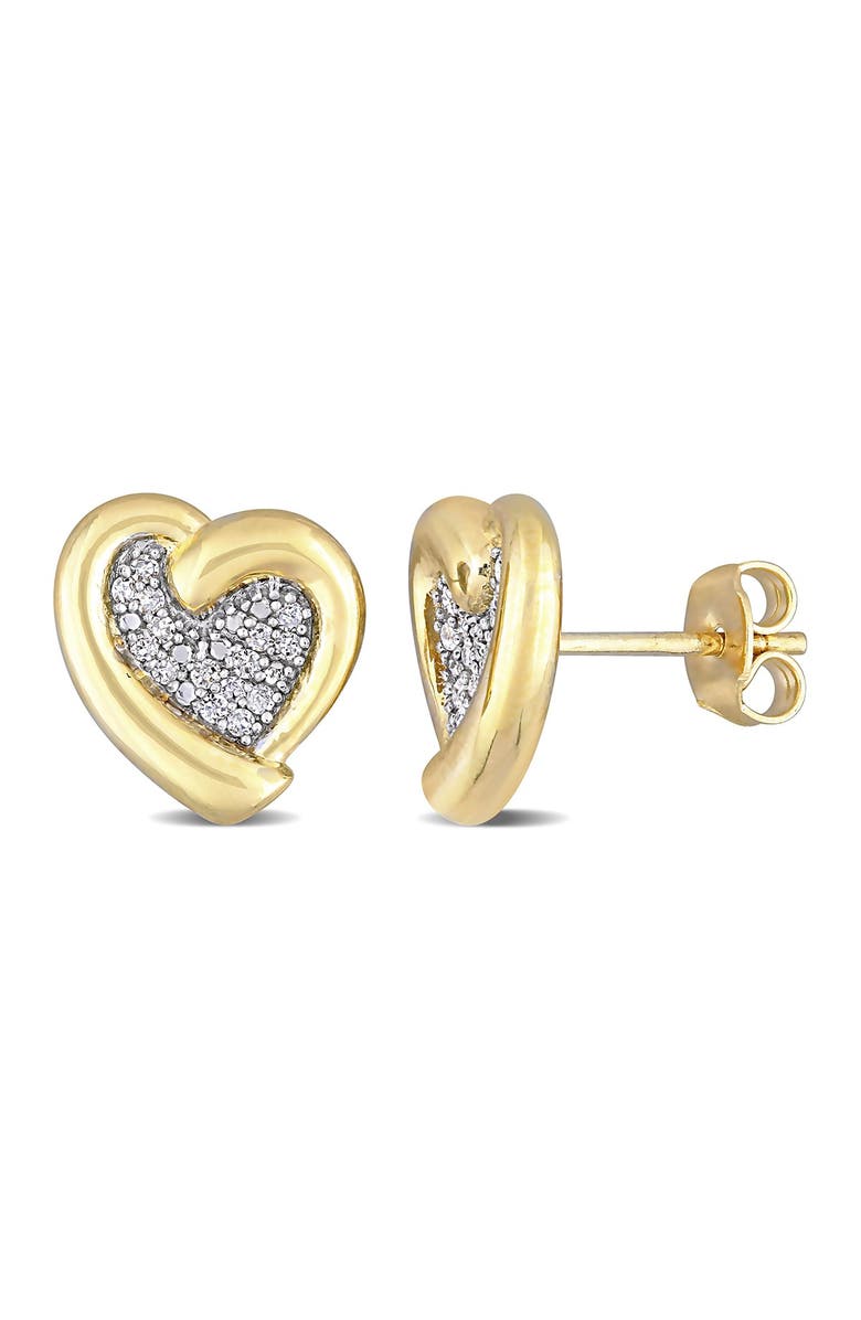 DELMAR Yellow Plated Sterling Silver Pave Diamond Accent Heart Stud Earrings - 0.15 ctw, Main, color, Gold