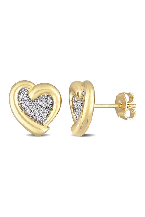 Yellow Plated Sterling Silver Pave Diamond Accent Heart Stud Earrings - 0.15 ctw