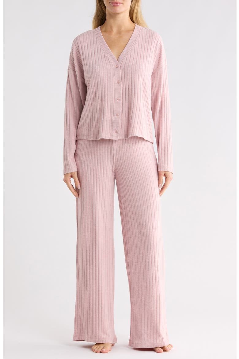 Cozy Rib V-Neck Cardigan & Pants Lounge Set, Main, color, HEATHER PALE MAUVE