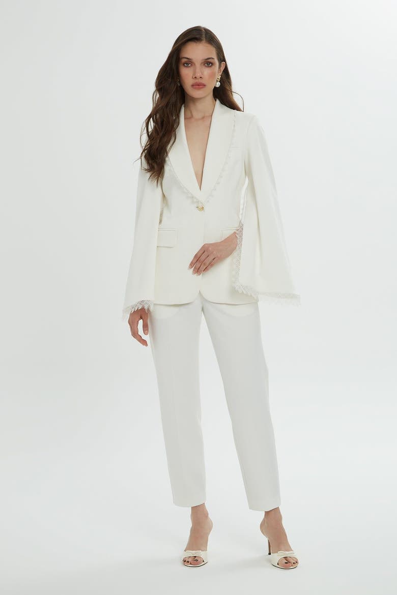 Lace Detail Sleeves and Collar Cream Blazer and Pants Suit, Alternate, color, Beige