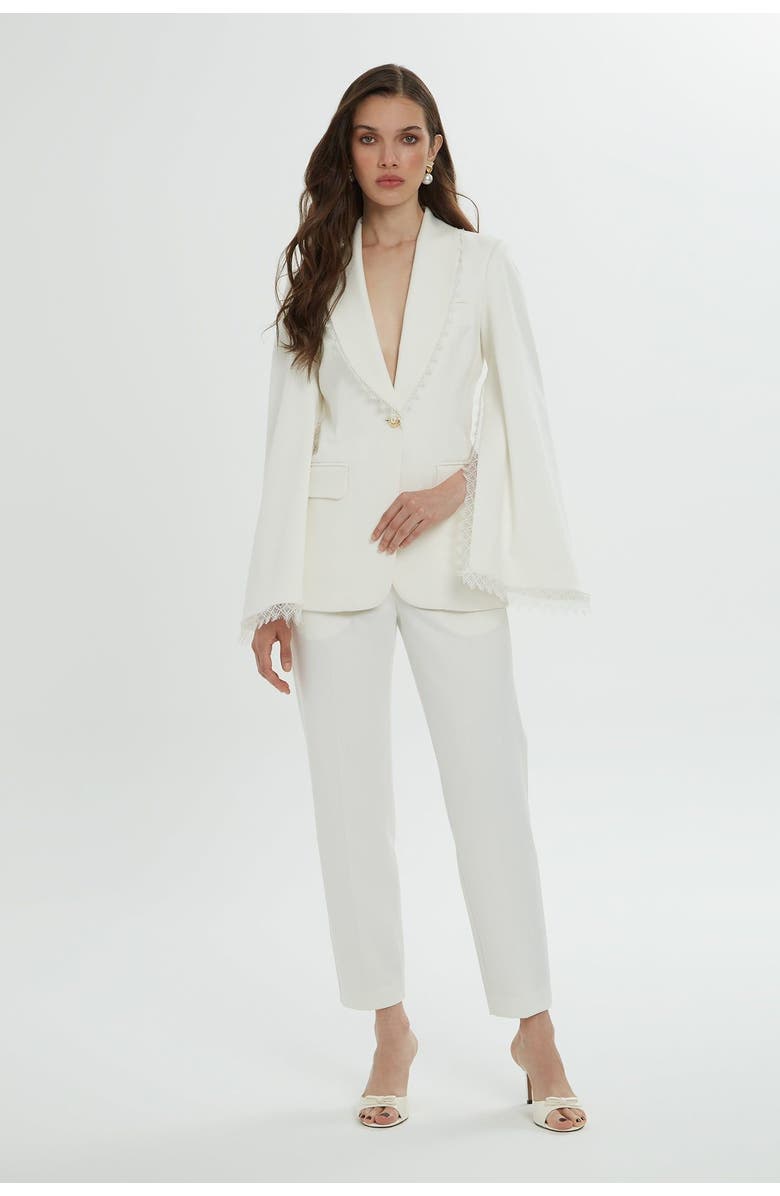 Gizia Lace Detail Sleeves and Collar Cream Blazer and Pants Suit, Alternate, color, Beige