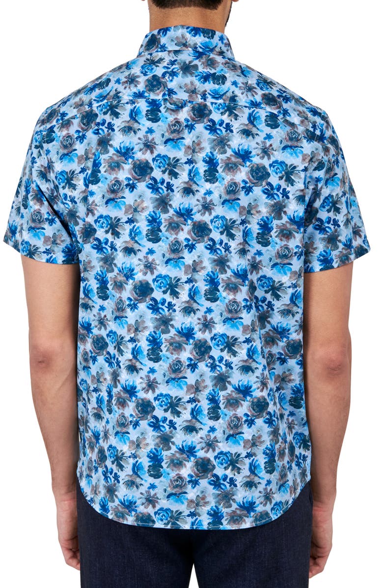 Brooklyn Brigade Slim Fit Quay Watercolor Floral 4-Way Stretch Performance Short Sleeve Shirt, Alternate, color, Brown/Blue